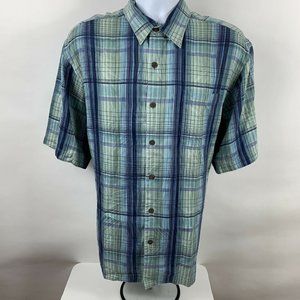 Tommy Bahama Button Down Shirt Men's Large 100% Silk Plaid Short Sleeve Casual